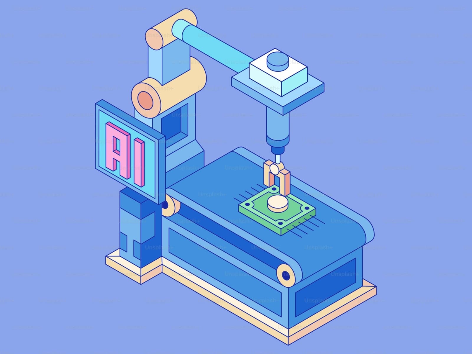 Isometric illustration of AI technology processing data from connected devices