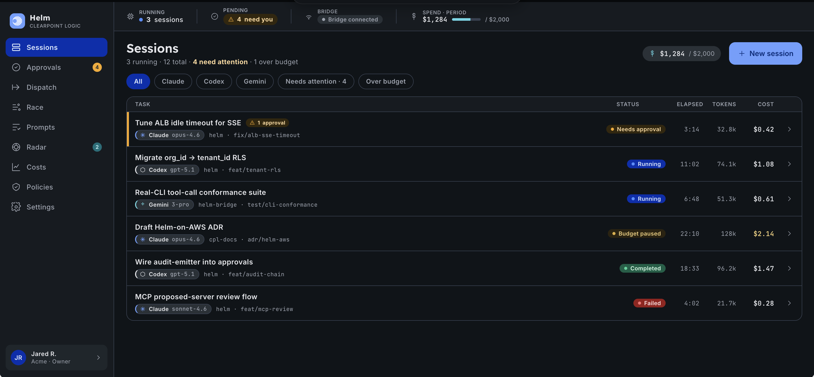 Helm Sessions cockpit: live agent sessions across Claude, Codex, and Gemini with status, elapsed time, and cost per run, a connected bridge, and a period spend cap.